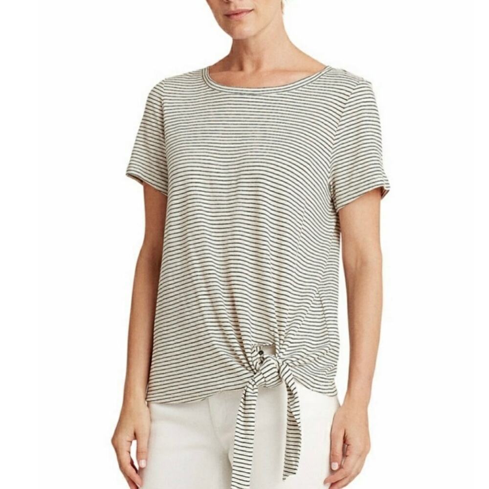 Lauren Ralph Lauren Striped Linen Blend Tie Waist T-Shirt Size Small